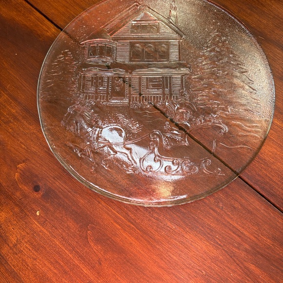 2504 Libbey Glass Vintage Serving Platter Christmas Winter Sleigh Ride Scene - Picture 3 of 6